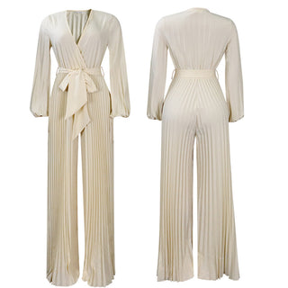 Lace Up Pleated Wide-leg Jumpsuit