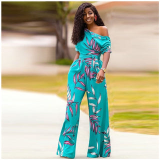 One-shoulder Short-sleeved Wide-leg Jumpsuit