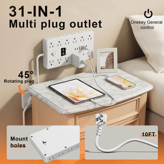 31 in 1 multifunctional socket with time display, three sided multi hole socket, 24 standard sockets, 6 USB ports, 2 USB-C ports