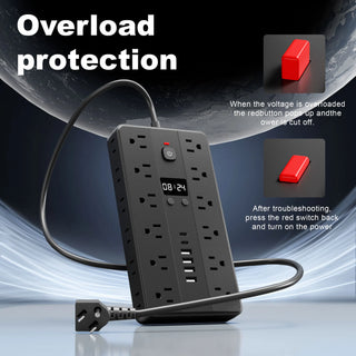 31 in 1 multifunctional socket with time display, three sided multi hole socket, 24 standard sockets, 6 USB ports, 2 USB-C ports