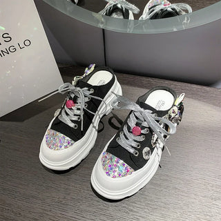 Lace Up Pearl Crystal Shallow Sneakers