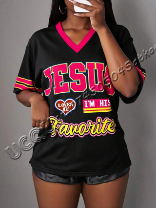 Women's Jesus Print V-Neck Short Sleeve Hole T-Shirt Summer Graphic Tee Baseball Jerseys Plus Size Men's Sport T-Shirt