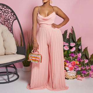 Women's Chain On Neck Pleated Wide-leg Jumpsuit